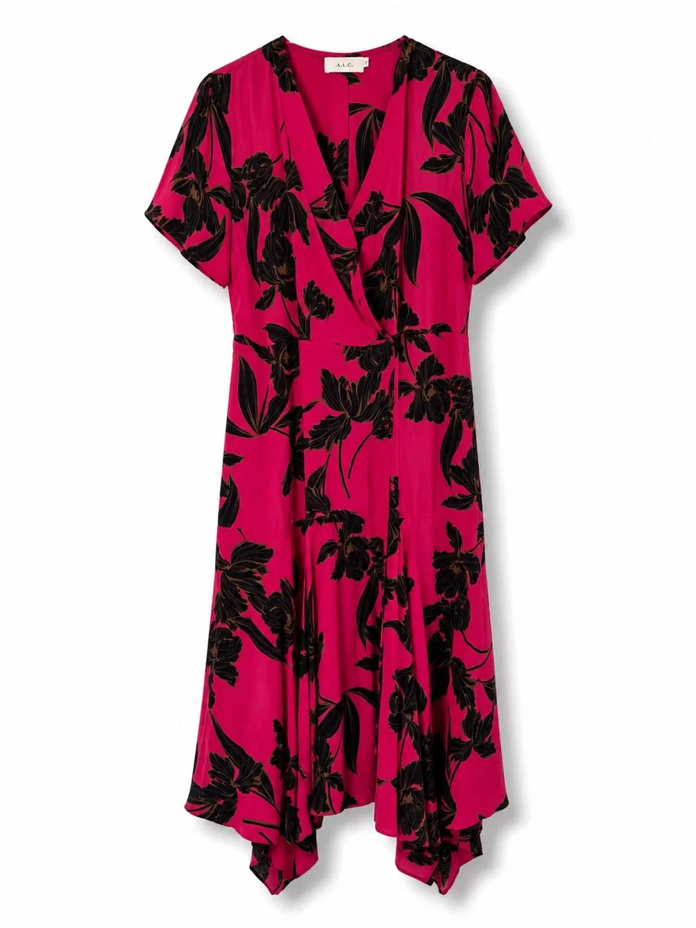 A.L.C. Cora Pink Floral Silk Asymmetrical Hem Wrap Style Designer Dress SZ 10 - Picture 2 of 6